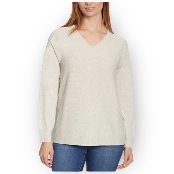 NWT Ella Moss Textured Knit V-Neck Sweater – Cream-Grey Oatmeal – Size Small - Picture 1 of 4